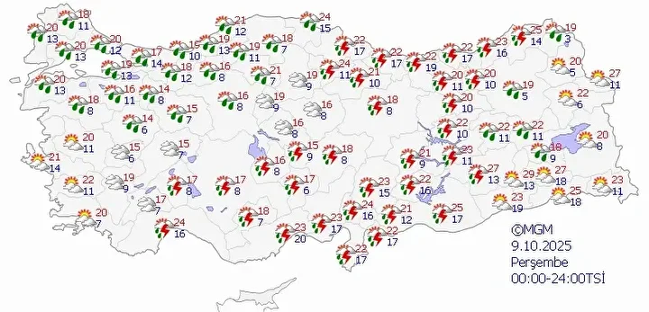 Hava Durumu Tahmin Haritası 9 Ekim Perşembe